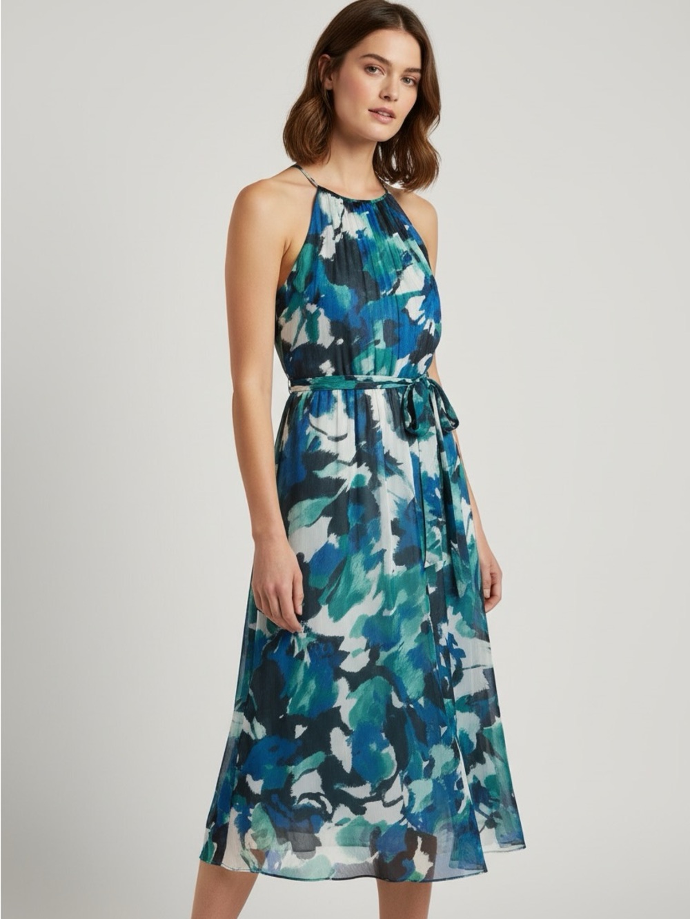 New DKNY Floral Halter Midi Dress in Blue-Green Size 12
